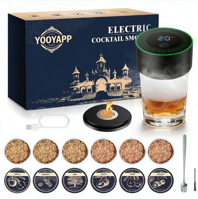 Rechargeable Whiskey Smoker Kit - Built-in Lighter + 6 Wood Chips (No Butane)