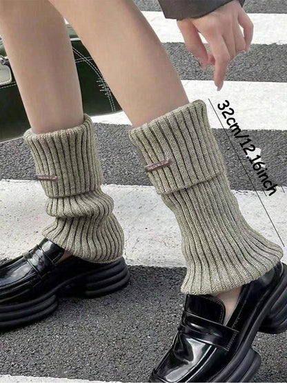 Women's Basic Solid Metal Label Decor Leg Warmers