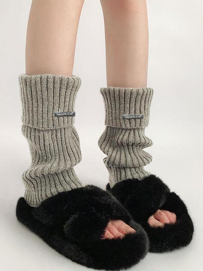 Women's Basic Solid Metal Label Decor Leg Warmers