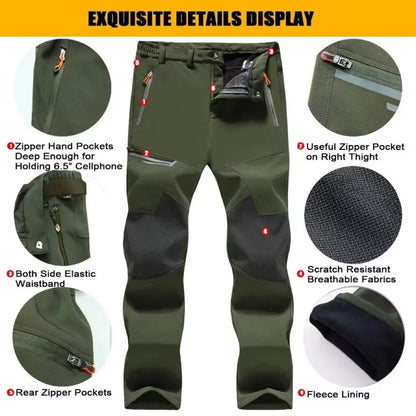 Men's Fleece Lined Ski Pants - Water Resistant 4 Zip Pockets